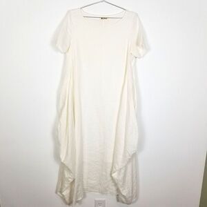 Minibee Women Linen Lagenlook Midi Dress Size S/M White Relaxed Short Sleeve